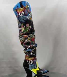 Thigh high slouch cowboy boot colorful snake print